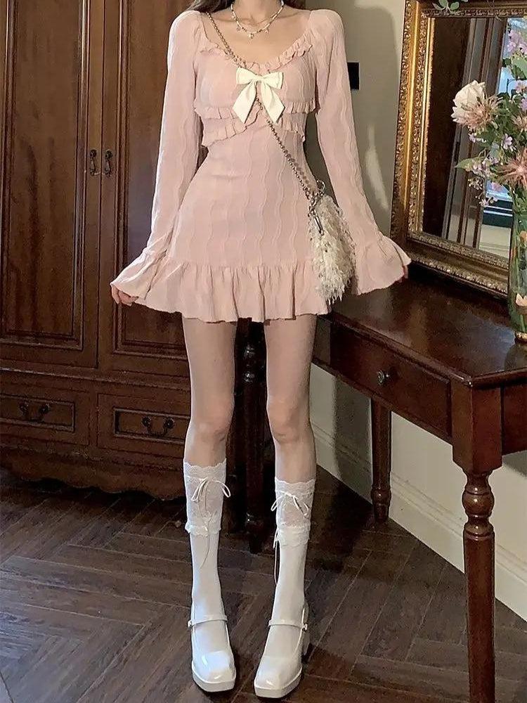 Square Neck Bow Front Ruffle Cuff Textured Crinkle Mini Dress