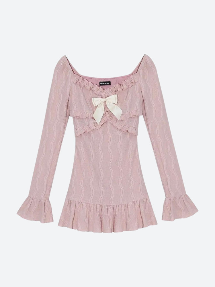 Square Neck Bow Front Ruffle Cuff Textured Crinkle Mini Dress