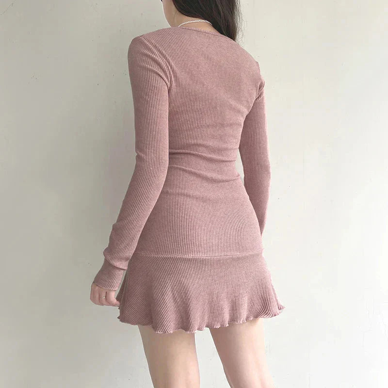 Square Neck Ruched Bust Rib Knit Long Sleeve Lettuce Hem Mini Dress