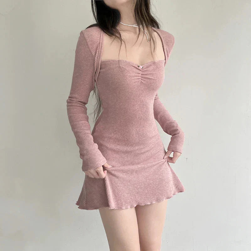 Square Neck Ruched Bust Rib Knit Long Sleeve Lettuce Hem Mini Dress