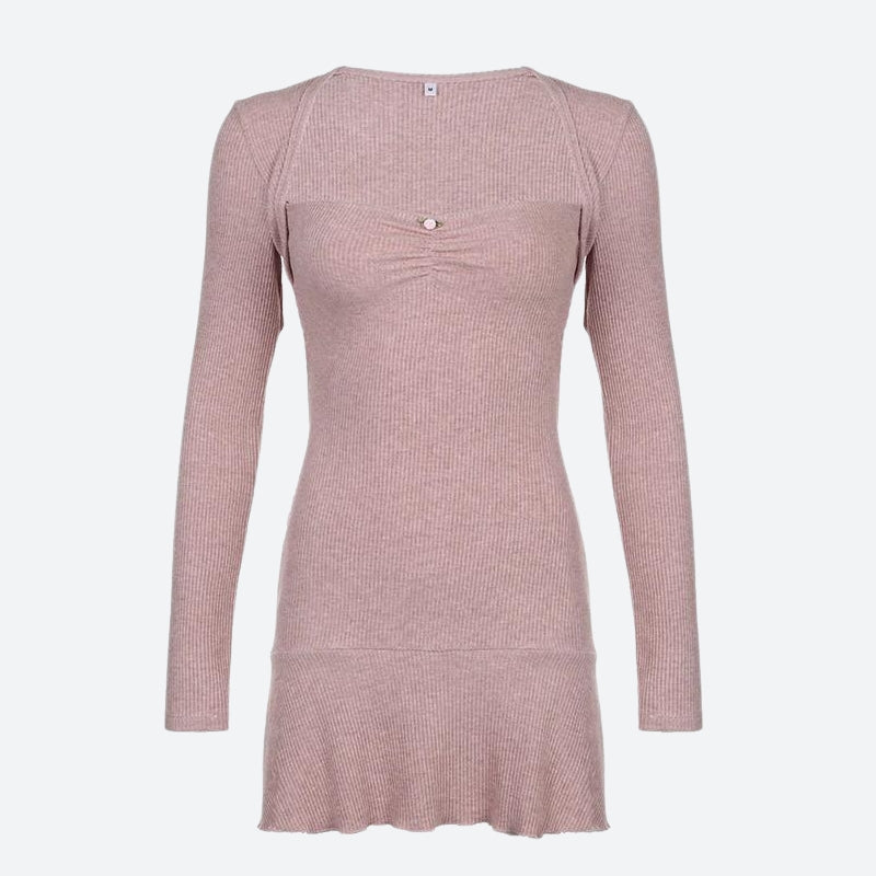Square Neck Ruched Bust Rib Knit Long Sleeve Lettuce Hem Mini Dress