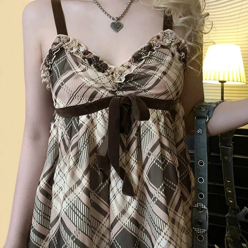 Plaid Lace Trim Bow Empire Waist Babydoll Mini Dress