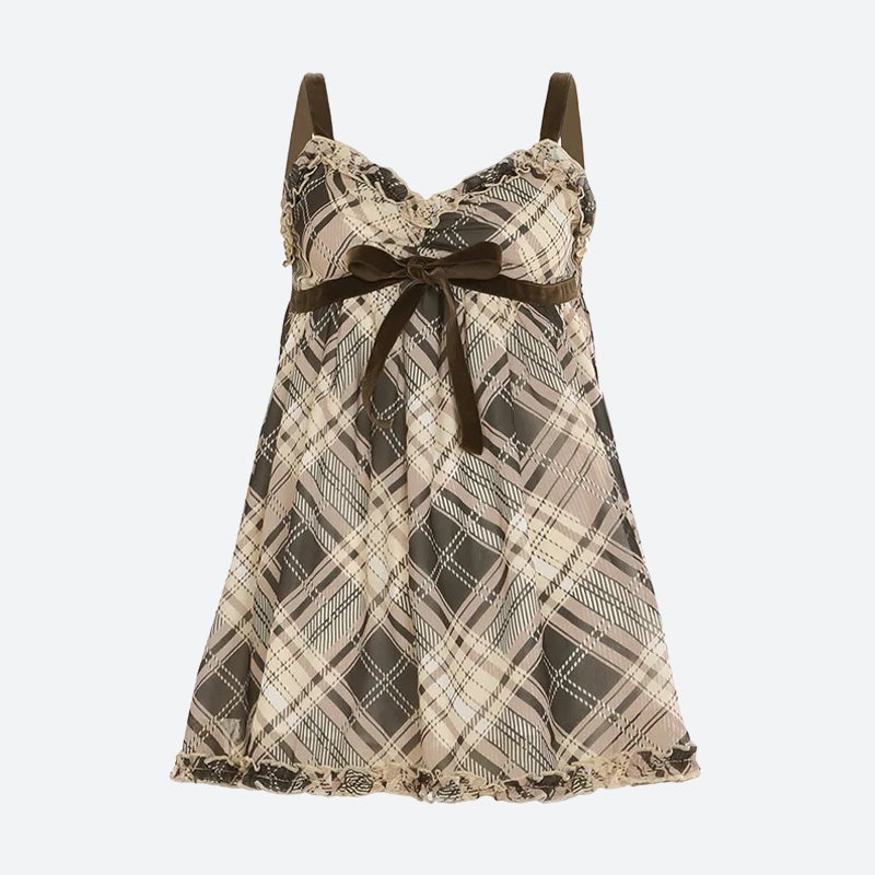 Plaid Lace Trim Bow Empire Waist Babydoll Mini Dress