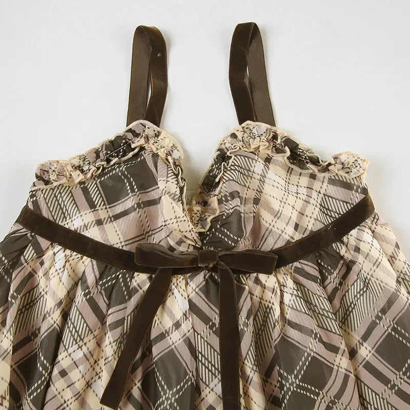 Plaid Lace Trim Bow Empire Waist Babydoll Mini Dress