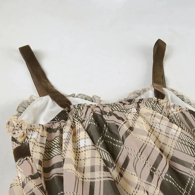 Plaid Lace Trim Bow Empire Waist Babydoll Mini Dress