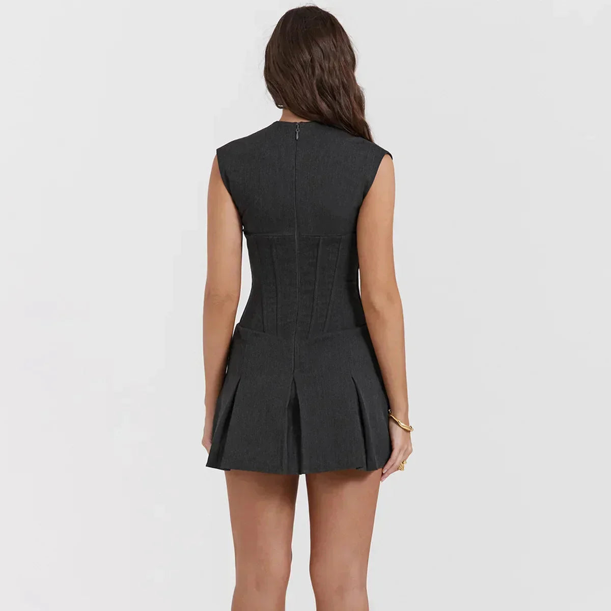 Deep V-Neck Corset Bodice Pleated Flap Pocket Structured Mini Dress