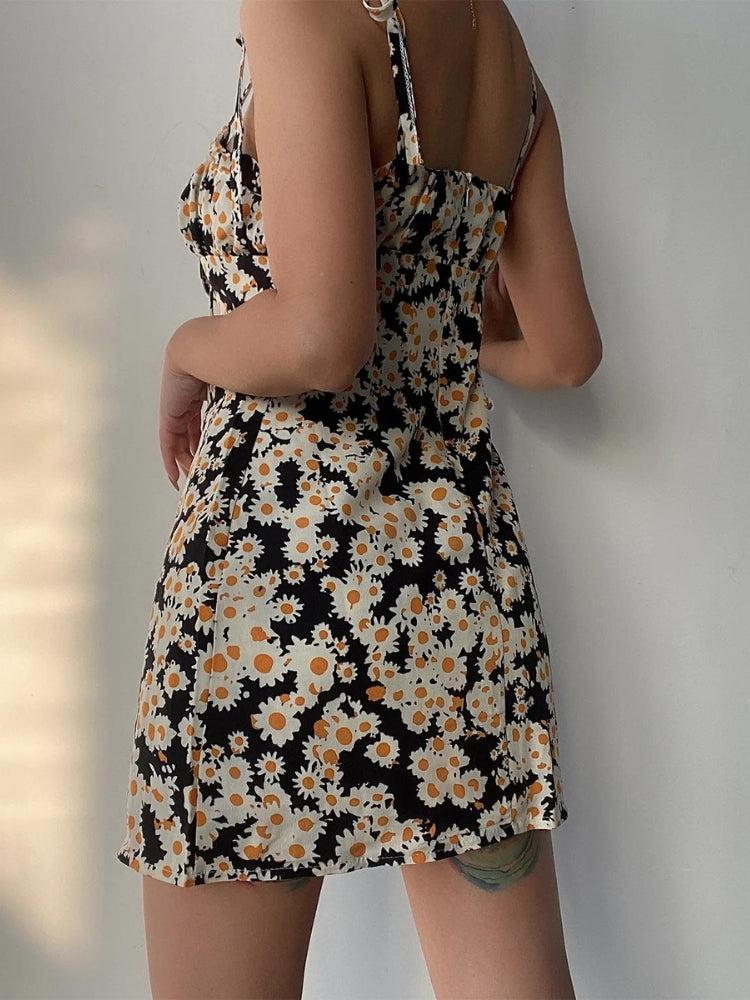 Daisy Print Tie Shoulder Sweetheart Ruffle Trim Bodycon Mini Dress
