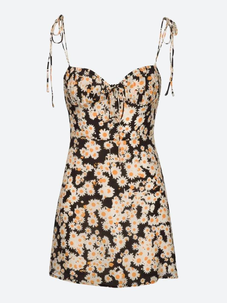 Daisy Print Tie Shoulder Sweetheart Ruffle Trim Bodycon Mini Dress