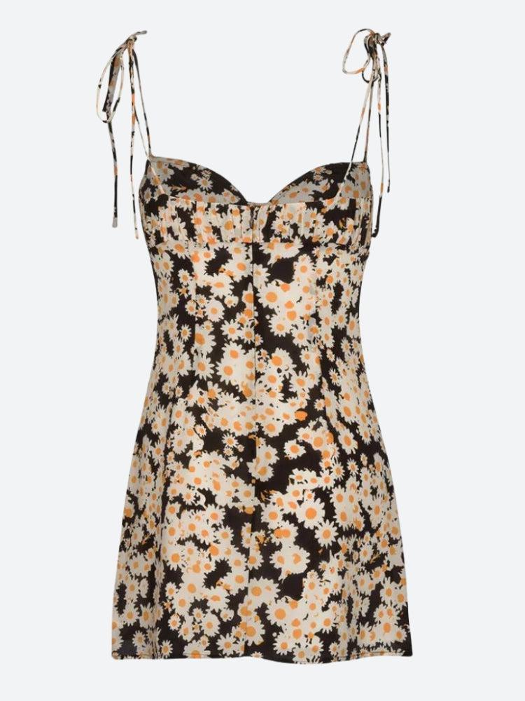 Daisy Print Tie Shoulder Sweetheart Ruffle Trim Bodycon Mini Dress
