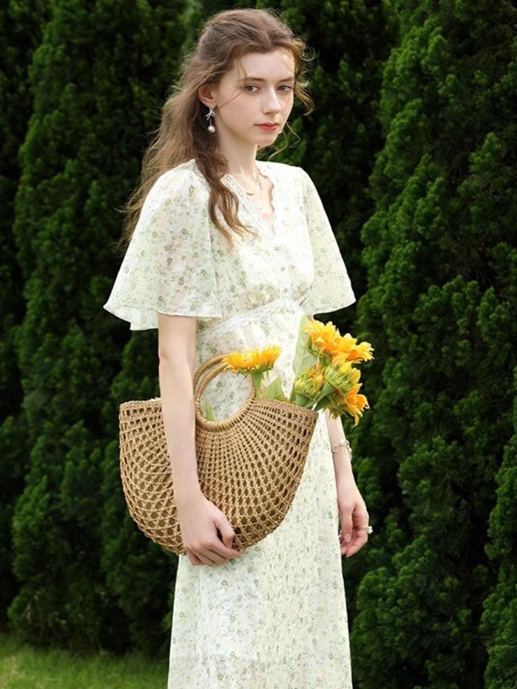 Floral Flutter Sleeve Empire Waist Lace Trim Button Front Midi Dress