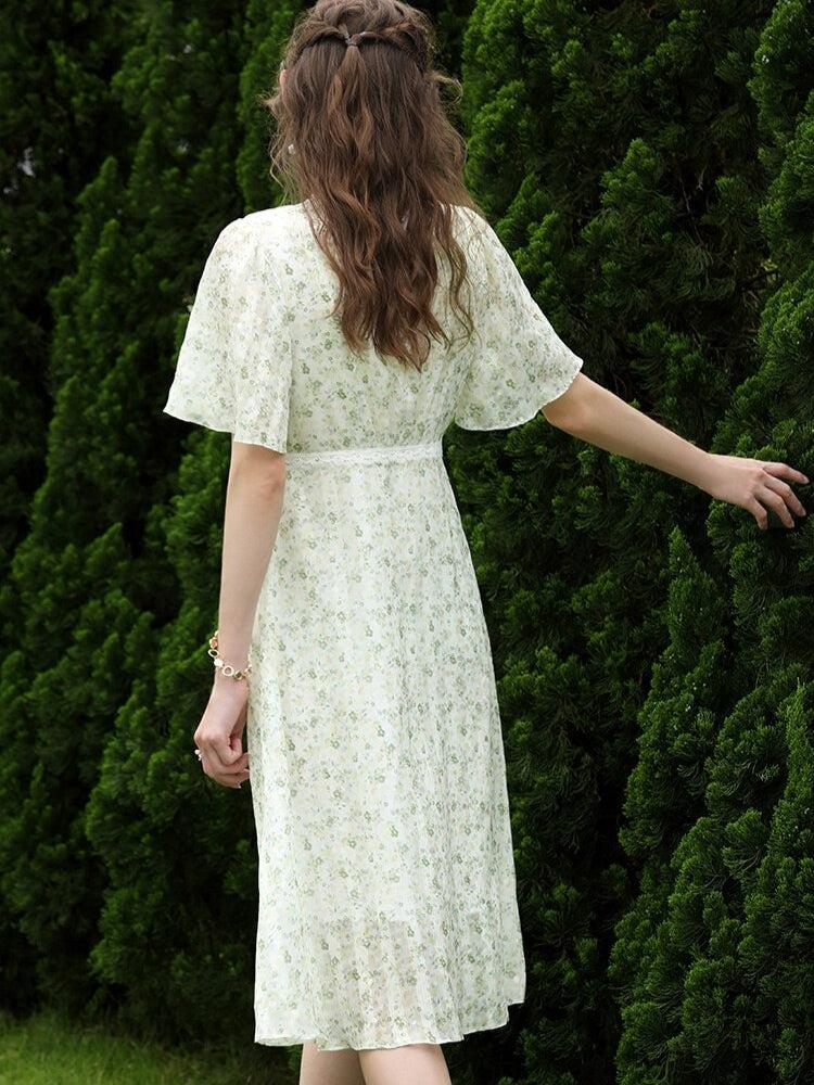 Floral Flutter Sleeve Empire Waist Lace Trim Button Front Midi Dress