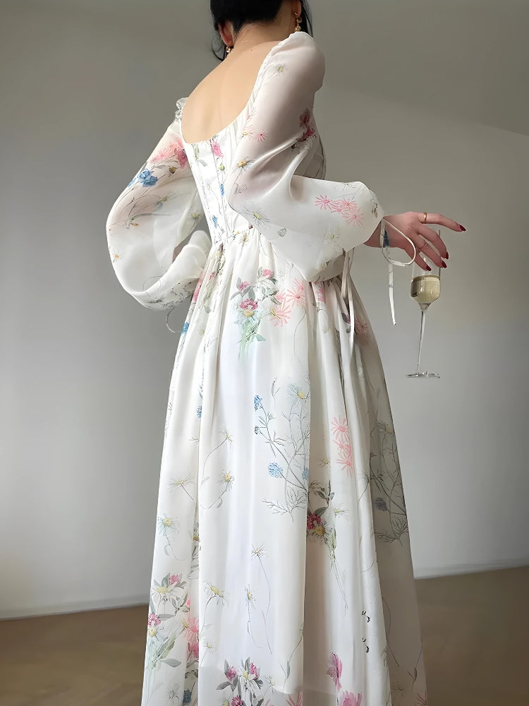 Square Neck Puff Sleeve Button Front Wildflower Print Maxi Dress