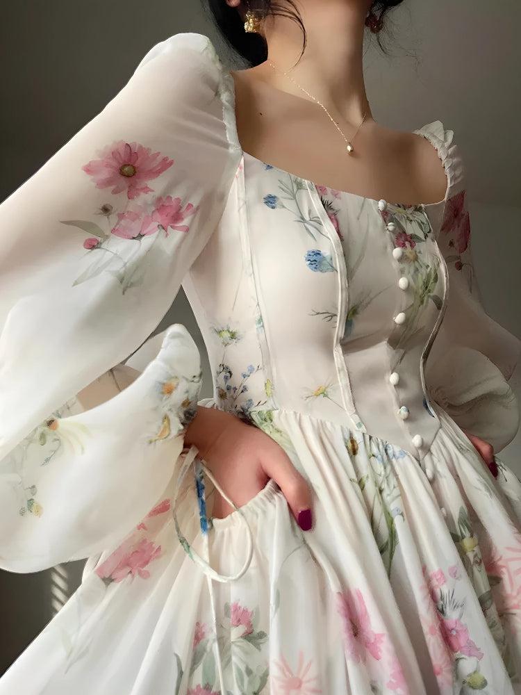 Square Neck Puff Sleeve Button Front Wildflower Print Maxi Dress