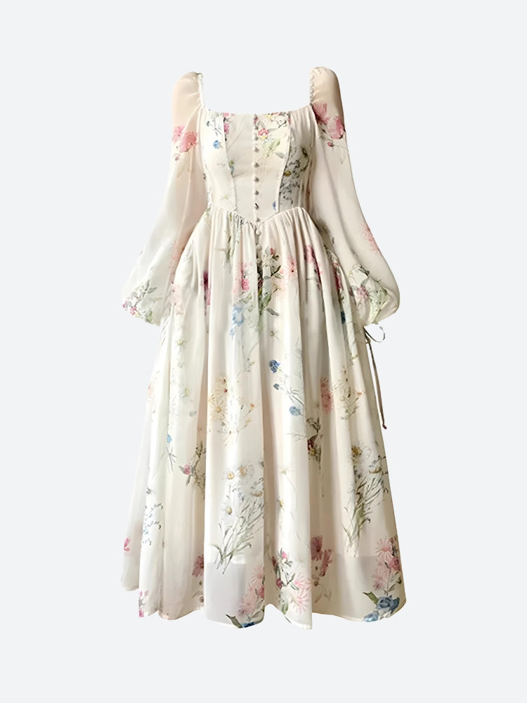 Square Neck Puff Sleeve Button Front Wildflower Print Maxi Dress