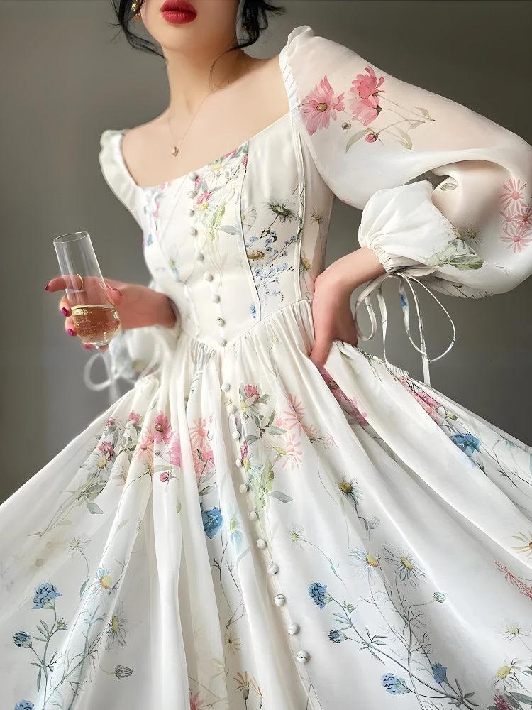 Square Neck Puff Sleeve Button Front Wildflower Print Maxi Dress