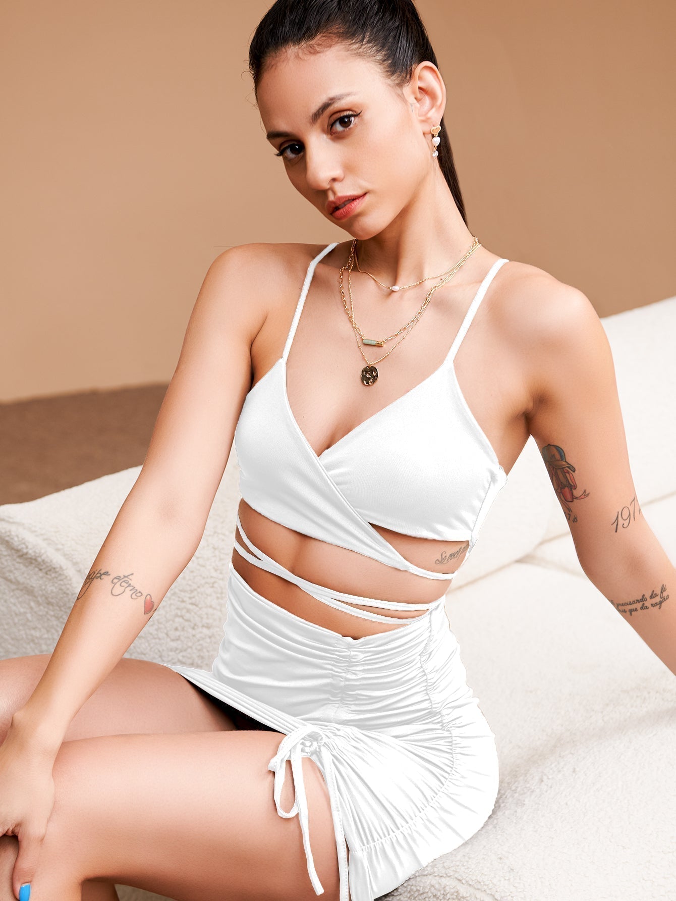 Wrap V-Neck Cutout Criss-Cross Tie Waist Ruched Drawstring Mini Dress