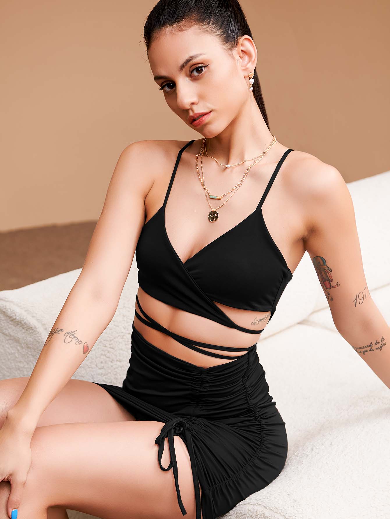 Wrap V-Neck Cutout Criss-Cross Tie Waist Ruched Drawstring Mini Dress