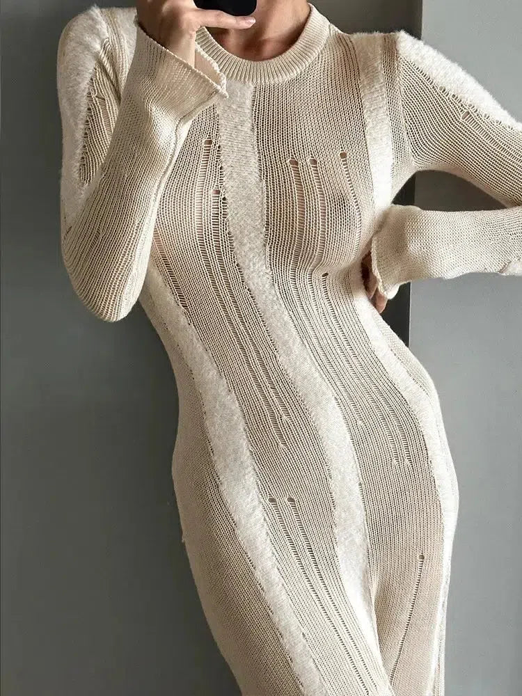 Open-Knit Pointelle Mixed Texture Long Sleeve Bodycon Mini Dress