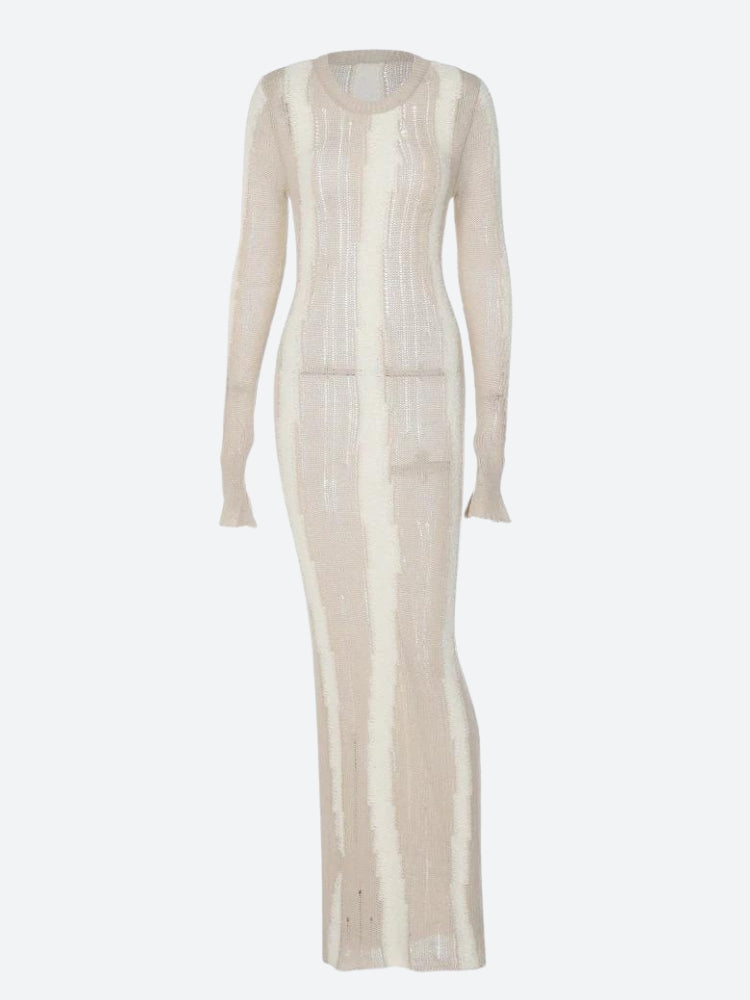 Open-Knit Pointelle Mixed Texture Long Sleeve Bodycon Mini Dress