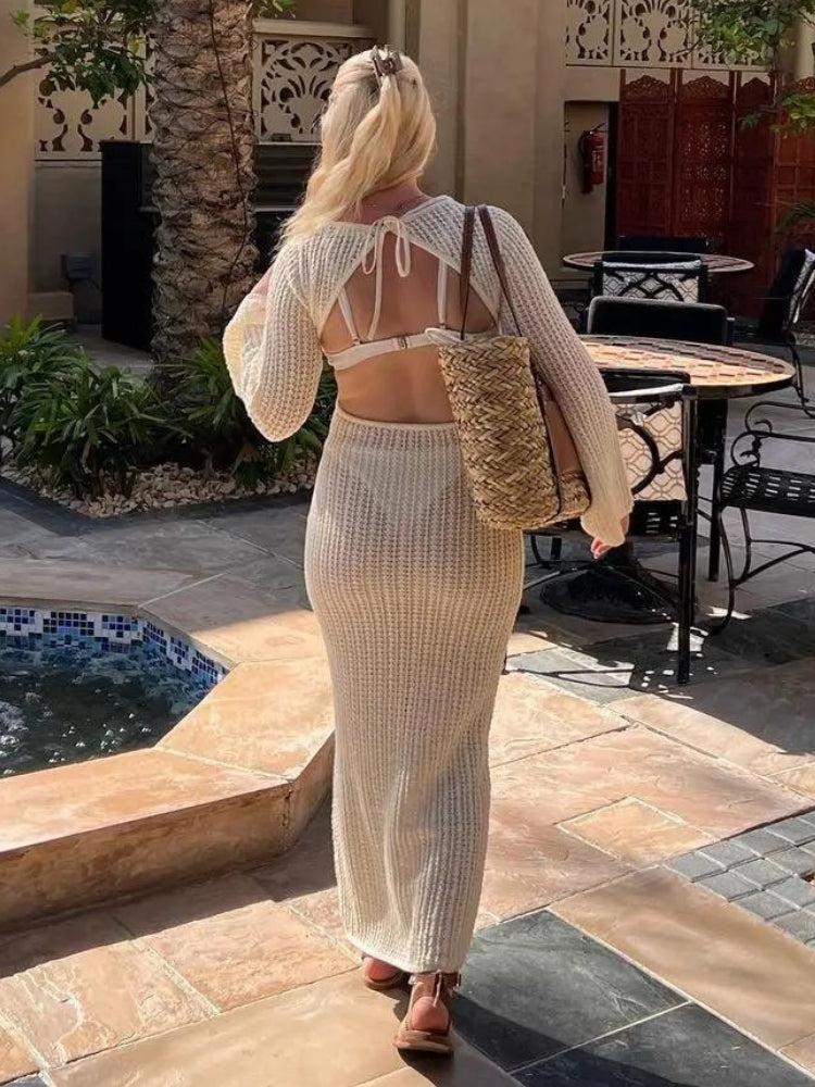 Crochet Deep V-Neck 3D Flower Keyhole Bell Sleeve Maxi Dress