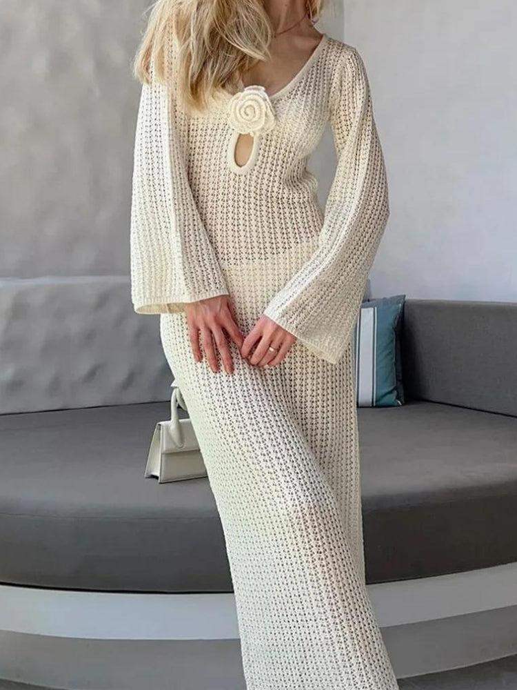 Crochet Deep V-Neck 3D Flower Keyhole Bell Sleeve Maxi Dress