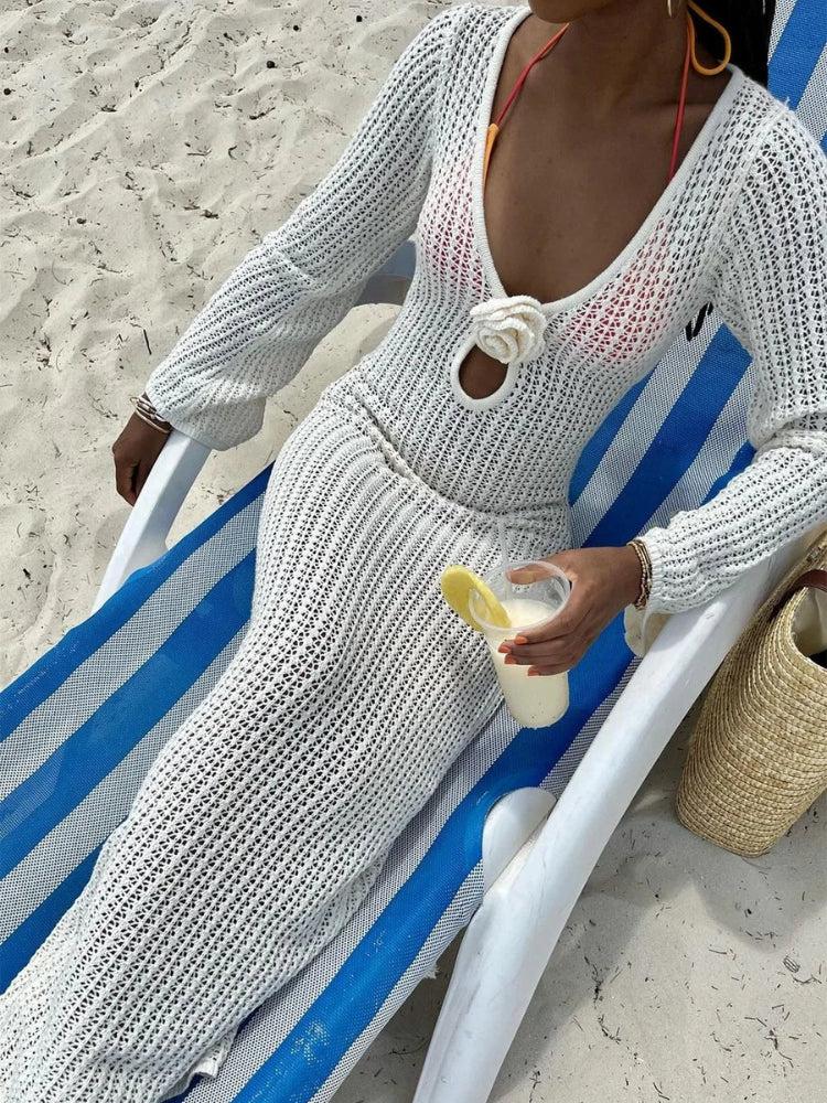 Crochet Deep V-Neck 3D Flower Keyhole Bell Sleeve Maxi Dress