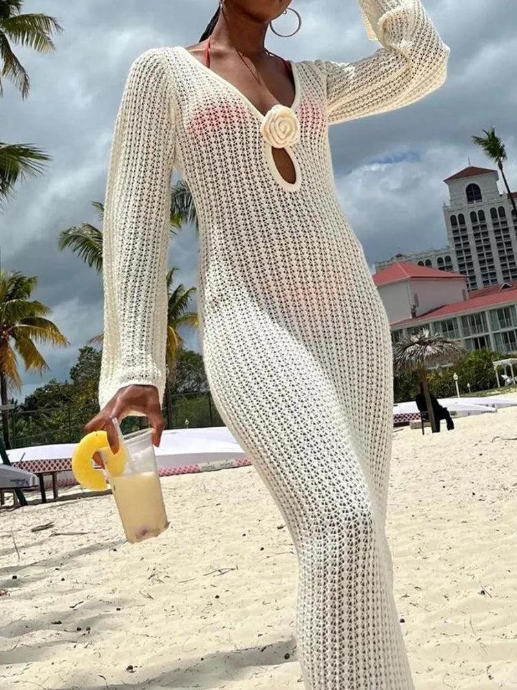 Crochet Deep V-Neck 3D Flower Keyhole Bell Sleeve Maxi Dress