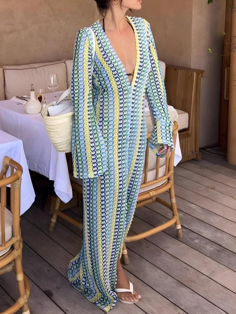 Crochet Stripe Plunge V-Neck Long Sleeve High Slit Maxi Dress