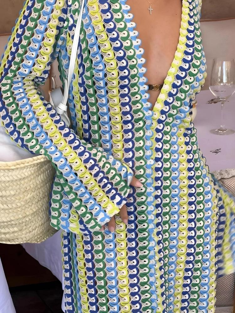 Crochet Stripe Plunge V-Neck Long Sleeve High Slit Maxi Dress