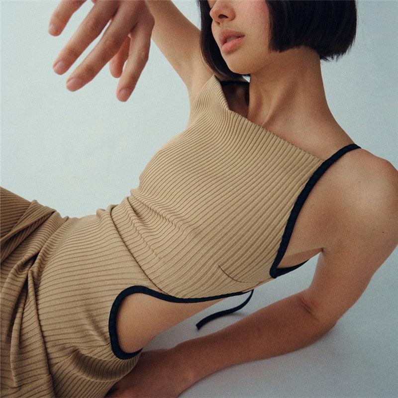 Rib Knit High Neck Side Cut Out Tie Back Bodycon Mini Dress