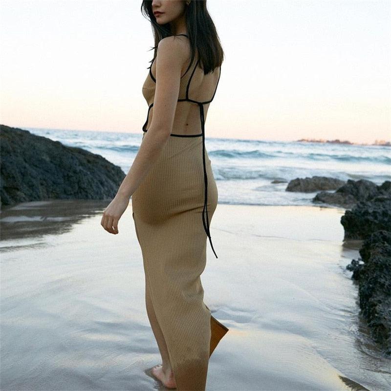 Rib Knit High Neck Side Cut Out Tie Back Bodycon Mini Dress