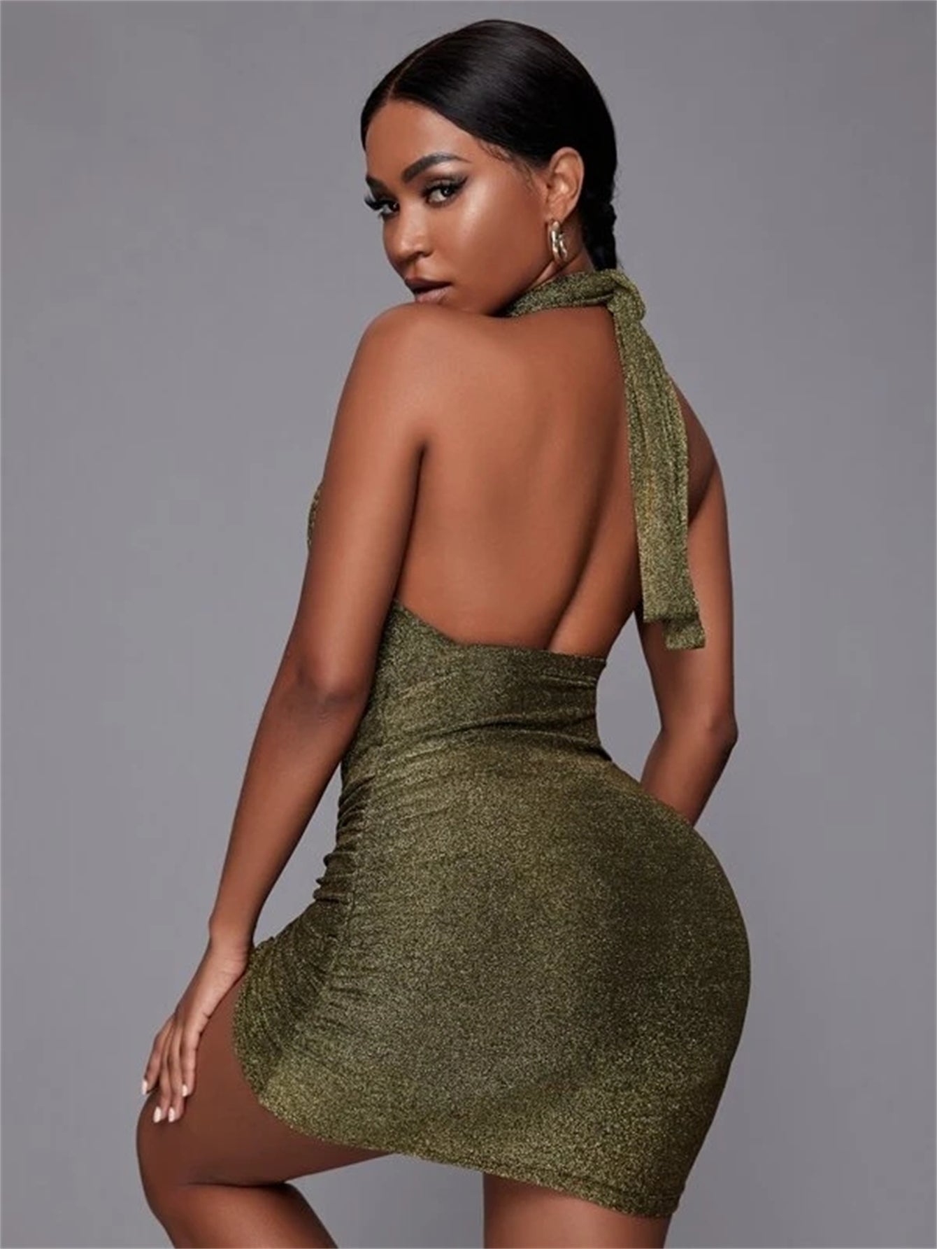 Cross Halter Keyhole Cutout Glitter Ruched Side Drawstring Bodycon Mini Dress