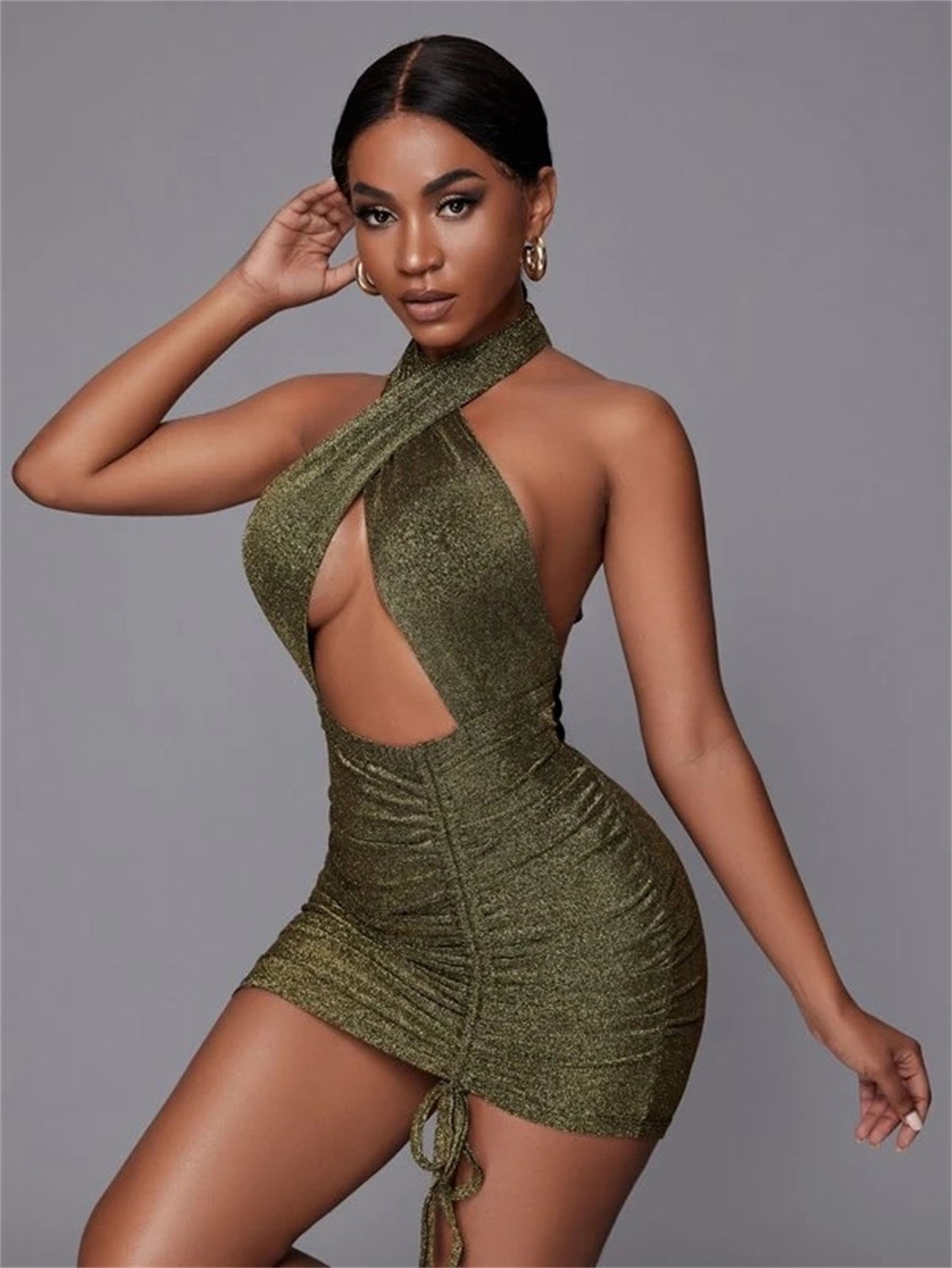 Cross Halter Keyhole Cutout Glitter Ruched Side Drawstring Bodycon Mini Dress