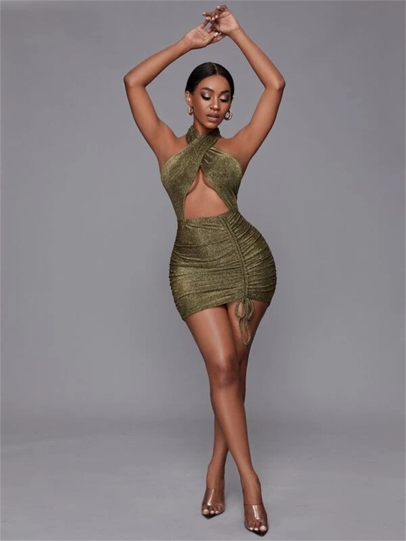 Cross Halter Keyhole Cutout Glitter Ruched Side Drawstring Bodycon Mini Dress