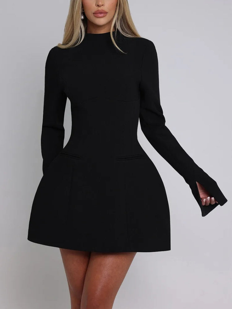 Mock Neck Long Sleeve Circular Cut Out Back Fit and Flare Mini Dress