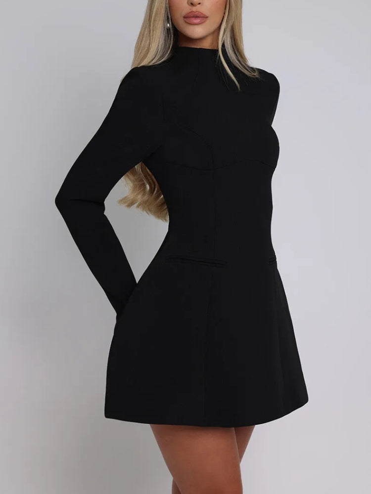 Mock Neck Long Sleeve Circular Cut Out Back Fit and Flare Mini Dress