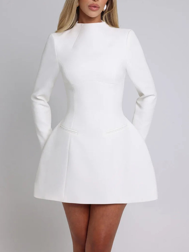 Mock Neck Long Sleeve Circular Cut Out Back Fit and Flare Mini Dress