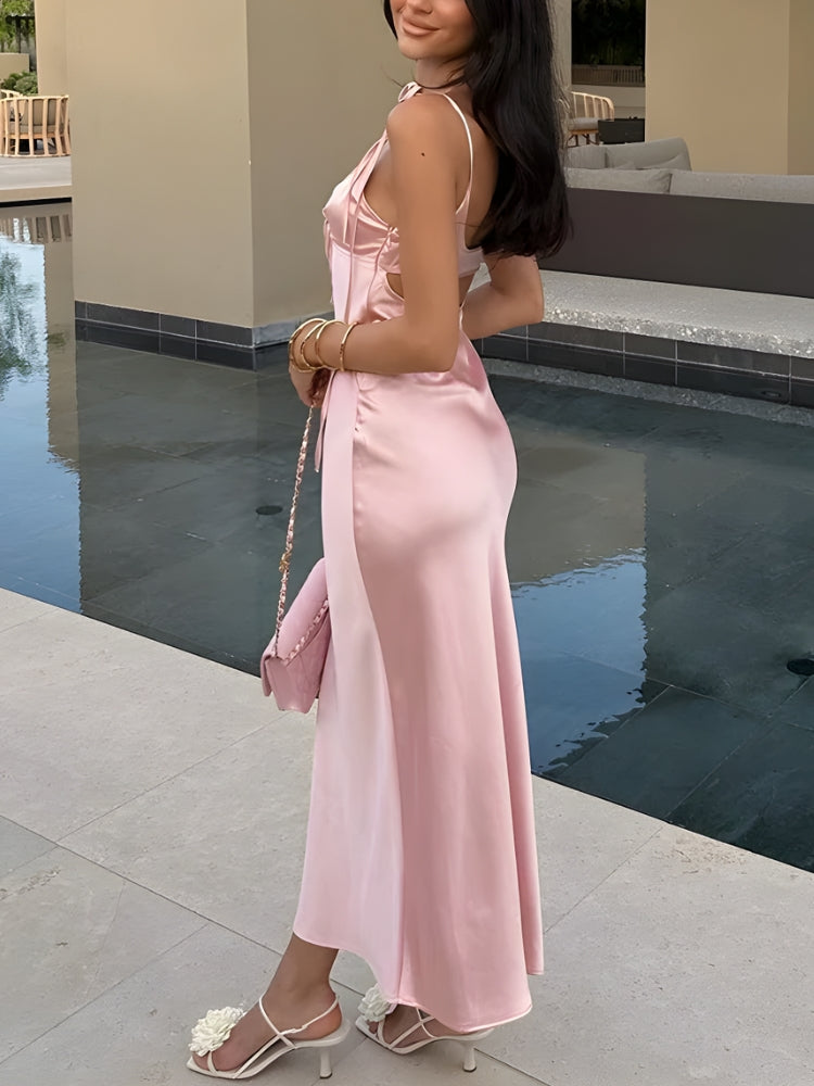Spaghetti Strap Tie Front Cut Out Satin Slip Midi Dress