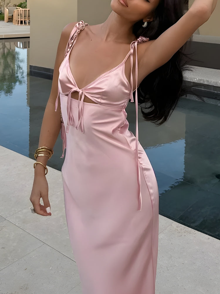 Spaghetti Strap Tie Front Cut Out Satin Slip Midi Dress