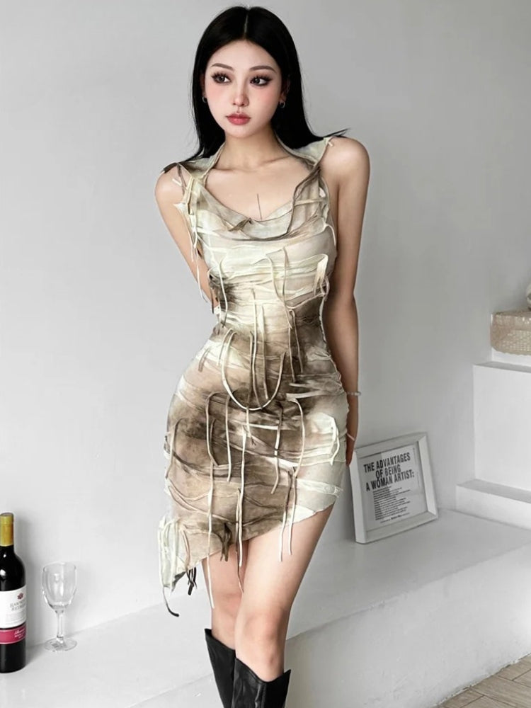 Hooded Bandage Strip Cowl Neck Asymmetrical Hem Bodycon Mini Dress
