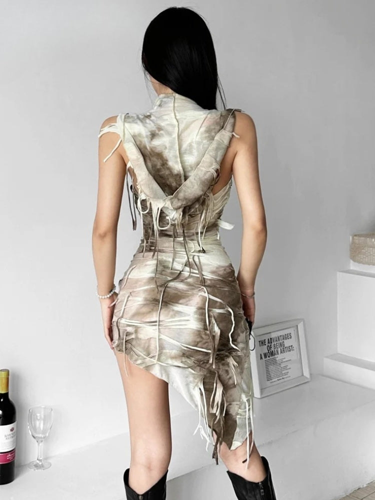 Hooded Bandage Strip Cowl Neck Asymmetrical Hem Bodycon Mini Dress