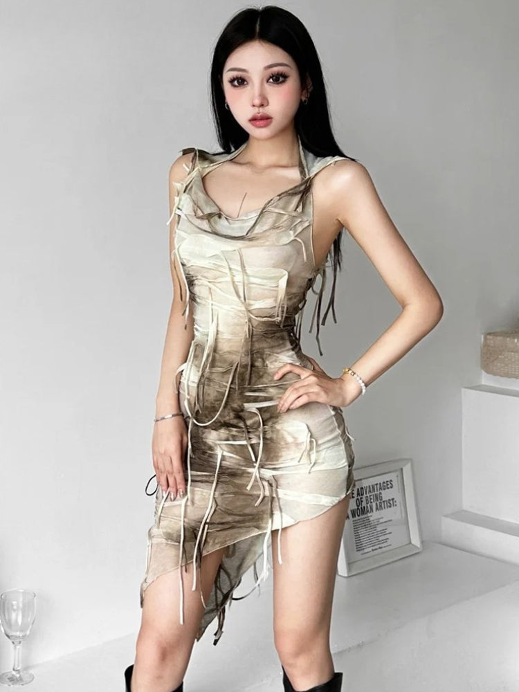 Hooded Bandage Strip Cowl Neck Asymmetrical Hem Bodycon Mini Dress