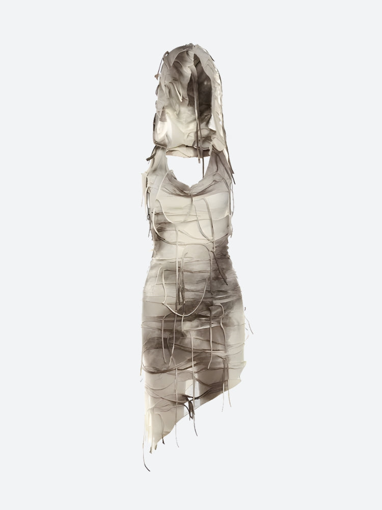Hooded Bandage Strip Cowl Neck Asymmetrical Hem Bodycon Mini Dress