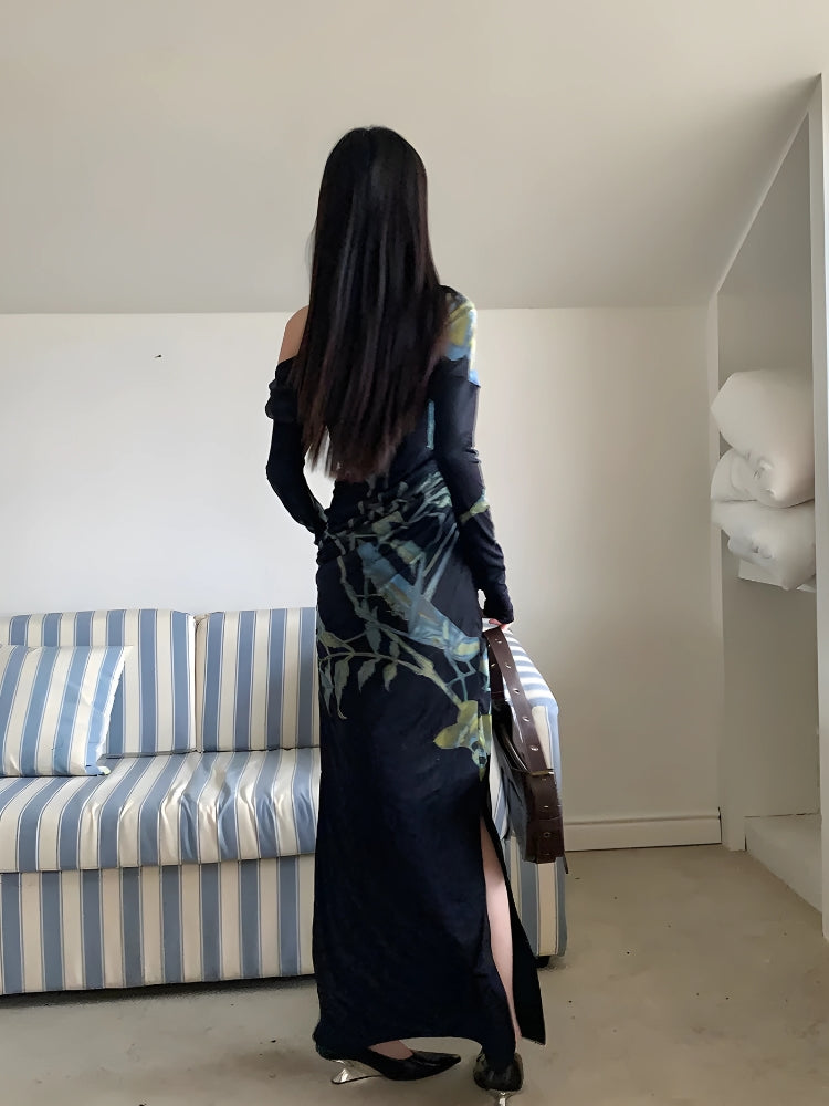 One Shoulder Botanical Branch Print Long Sleeve High Slit Maxi Dress
