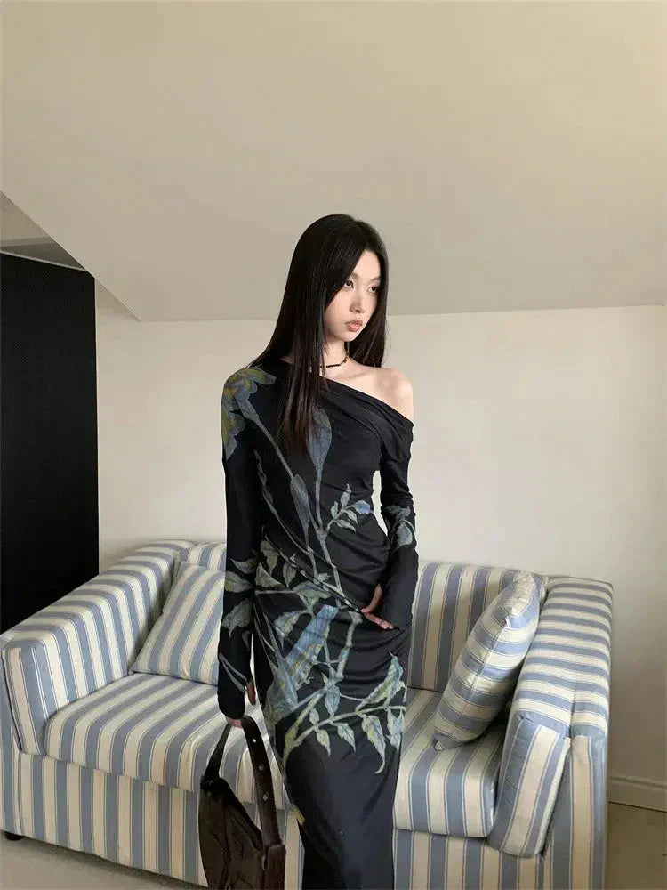 One Shoulder Botanical Branch Print Long Sleeve High Slit Maxi Dress