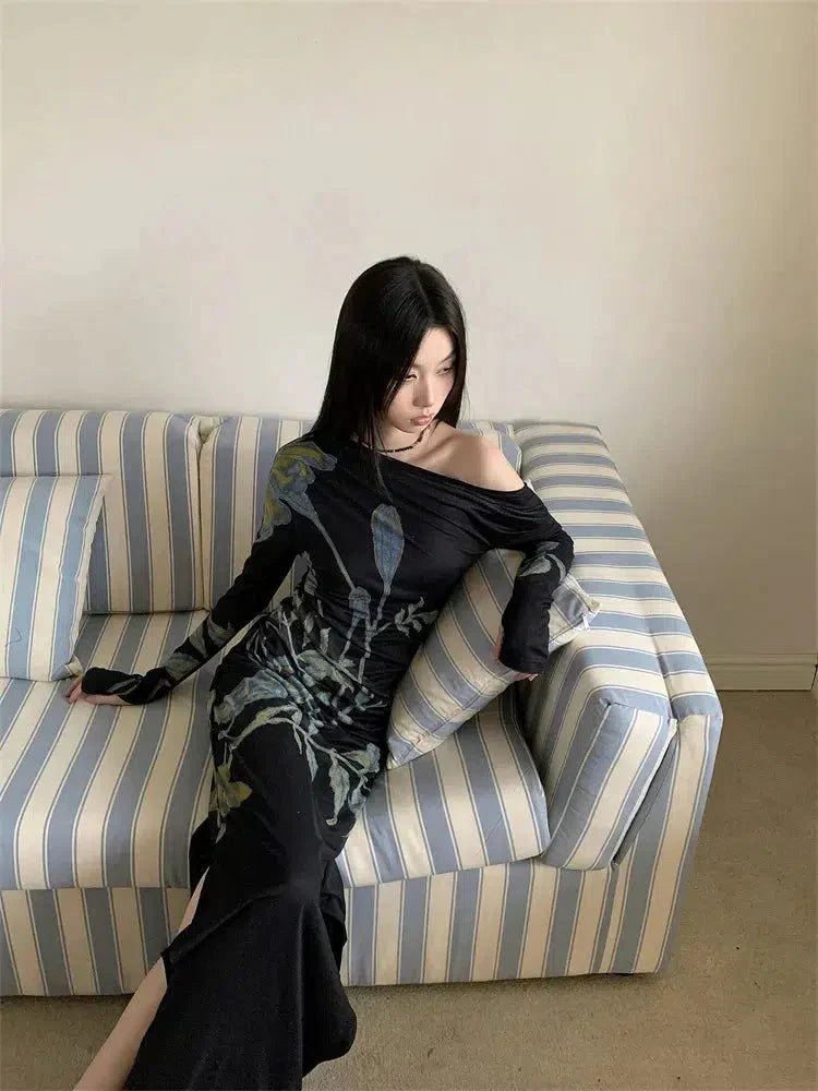 One Shoulder Botanical Branch Print Long Sleeve High Slit Maxi Dress