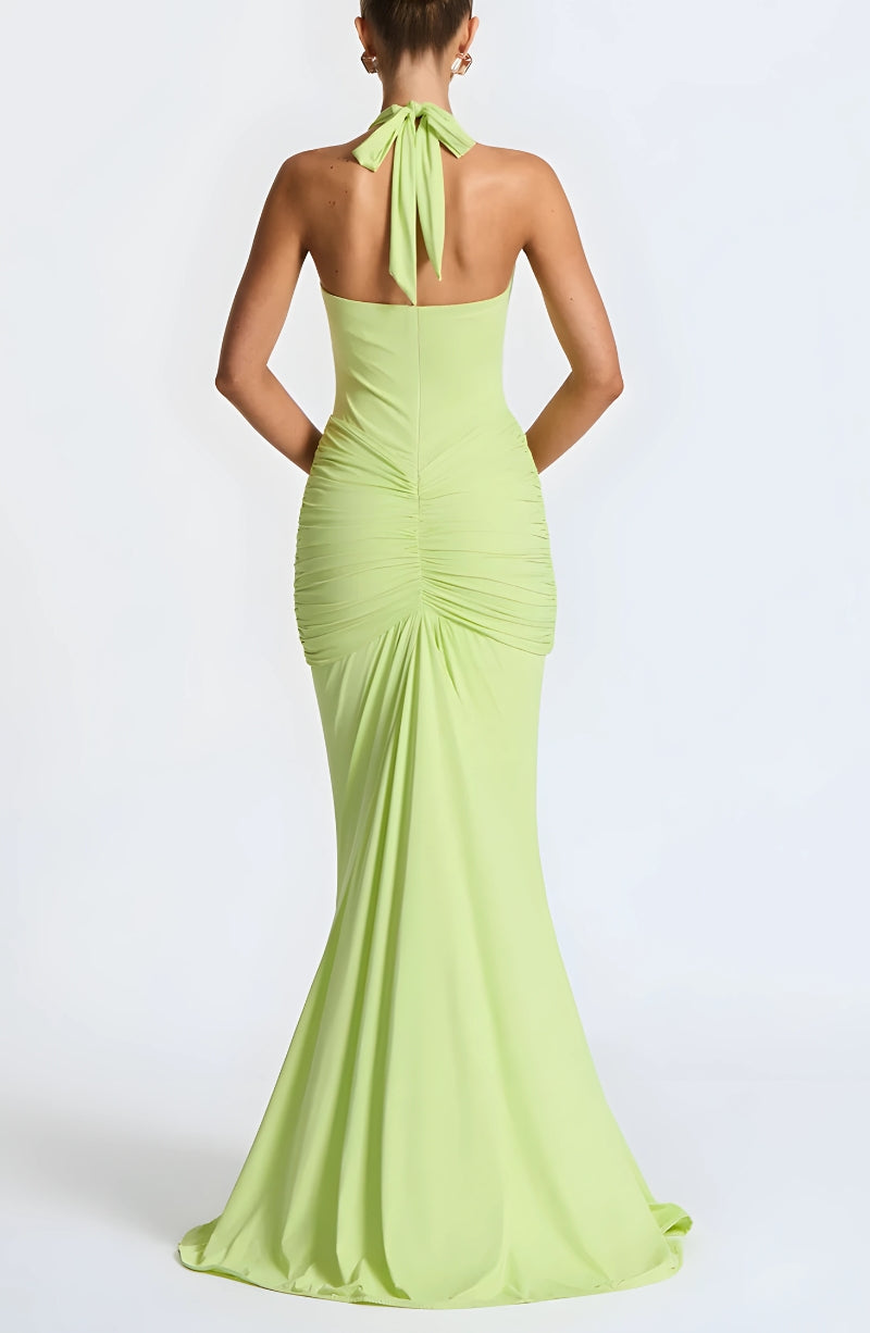 Halter Deep Plunge Ruched Draped Panel Bodycon Maxi Gown
