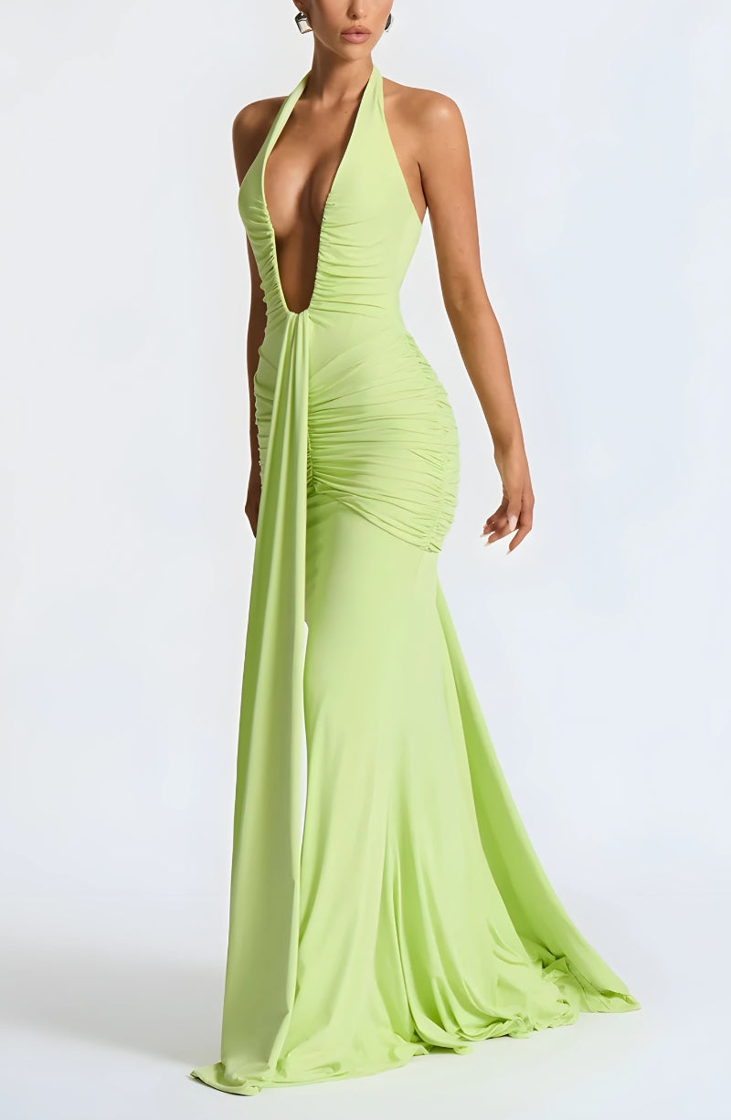Halter Deep Plunge Ruched Draped Panel Bodycon Maxi Gown