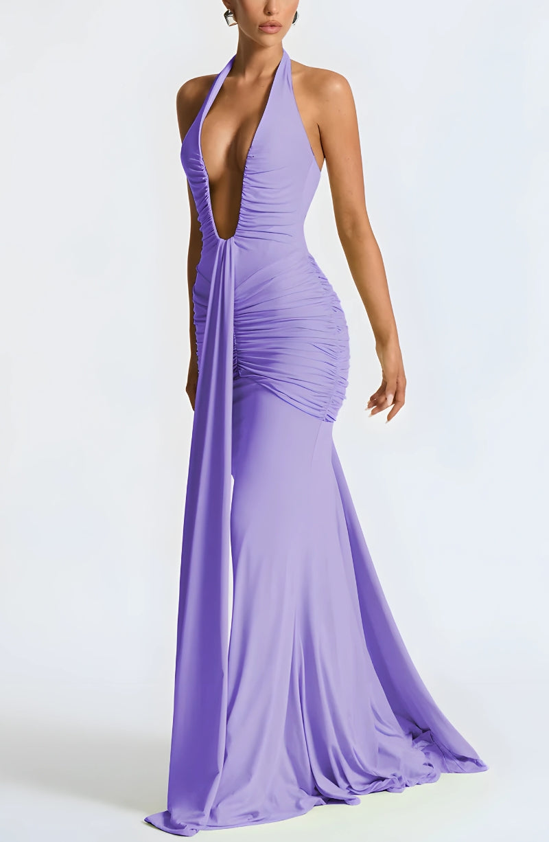 Halter Deep Plunge Ruched Draped Panel Bodycon Maxi Gown