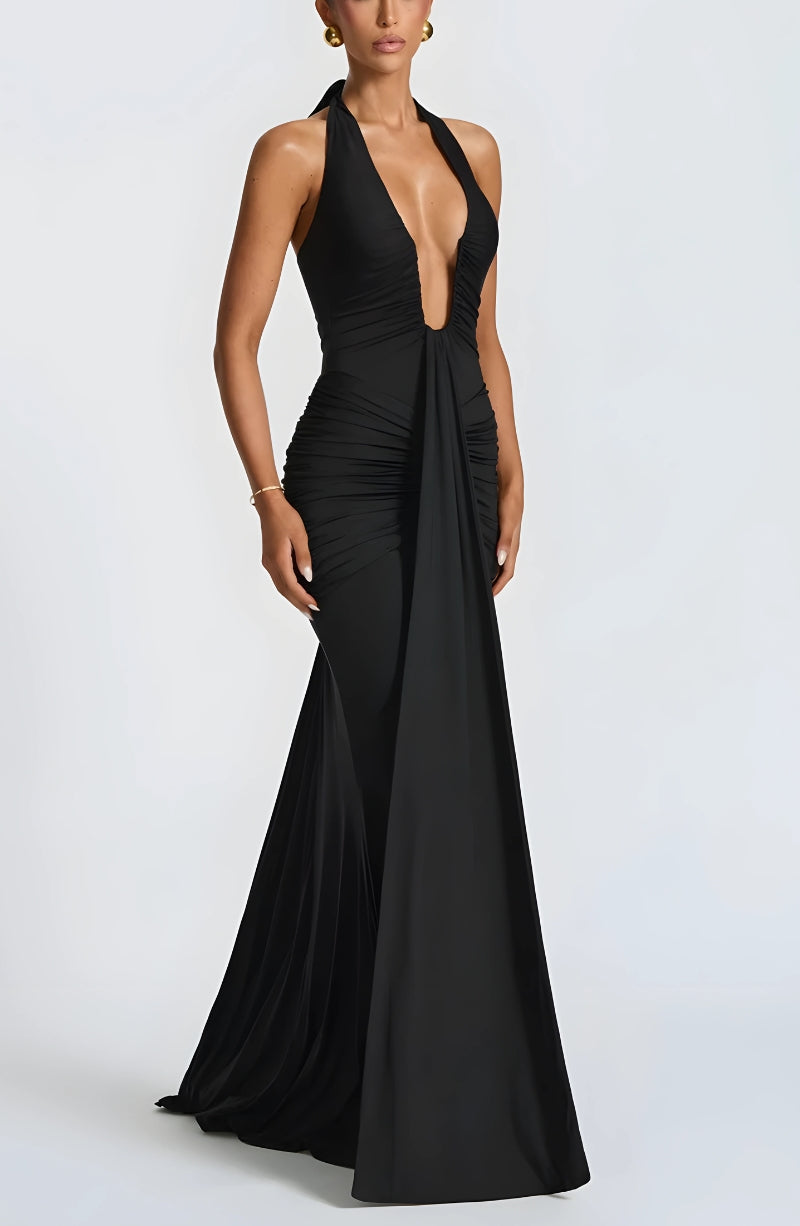 Halter Deep Plunge Ruched Draped Panel Bodycon Maxi Gown